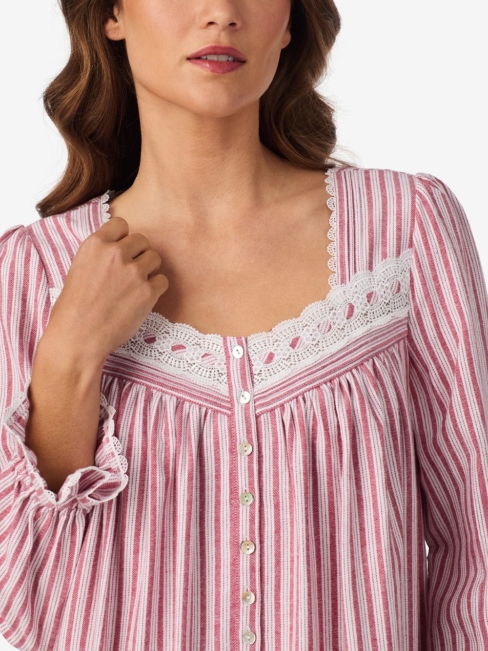Eileen West Pink and White Striped Lace-Trim Nightgown - Picture 4 of 5